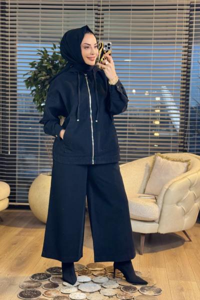 6036 Kapşonlu Fermuarlı Tencel Takım Siyah