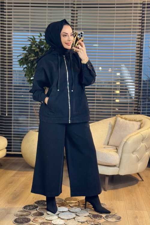 6036 Kapşonlu Fermuarlı Tencel Takım Siyah