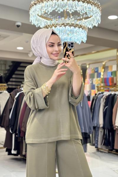 6070 Ön Ve Etek Ucu Dikiş Detaylı Takım Haki