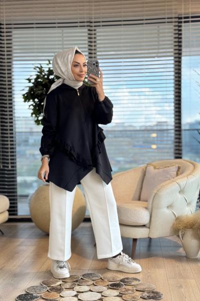 6109 Ön Arka Şifon Fırfırlı Kapşonlu Ceket Siyah