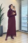 6123 Manşet ve Etek Ucu Dantelli Triko Elbise Bordo