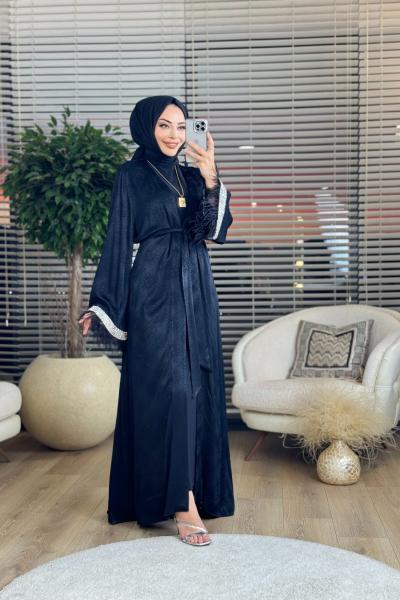 6142 Kol Uçları Taş İşleme Ve Tüy Detaylı Abaya Siyah