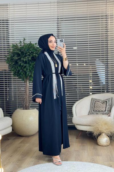 6166 Ön Sarkık Taş İşlemeli Abaya Siyah