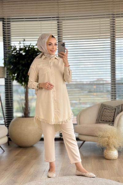 6188 Etek Ucu Saçaklı Tencel Tunik Ekru