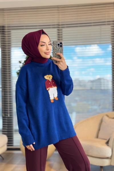 6505 Önü Ayıcık Nakışlı Triko Tunik Saks