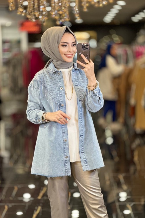 6944 Robası V Zincir Ve Zımba Detaylı Kot Ceket Mavi