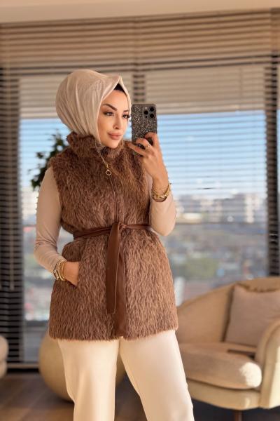 70083 Saçak Önden Fermuarlı Yelek Kahve