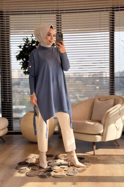 7011 Dicle Yanları Düğmeli Tunik İndigo