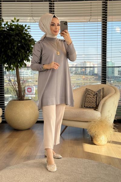7014 Omuz Ve Kolu Düğmeli Vanezia Triko Tunik Gri
