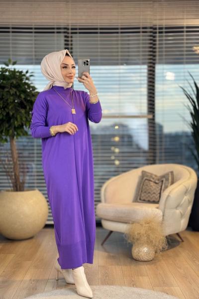 7017 Öpücük Yaka Vanezia Triko Elbise Lila