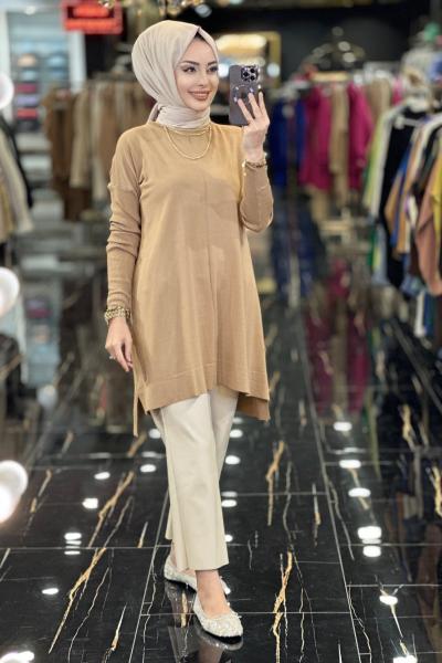 7018 Kolları Lastikli Vanezia Triko Tunik Latte