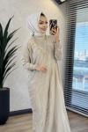 7029 Sol Taraf Zebra Desen Triko Elbise Bej