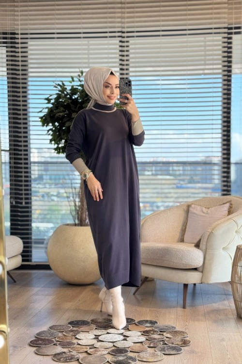 7032 Omuzu Manşetli Garnili Triko Elbise Antrasit