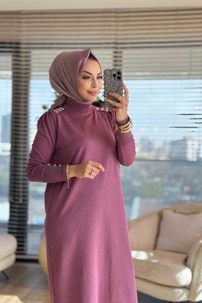 7036 Omzları İncili Vanezia Triko Elbise Gül