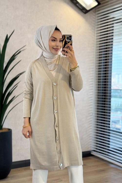 7044 Omuzu Dikişli Yarım Boy Hırka Bej