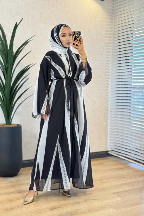 708 Desenli Abaya Siyah Gri