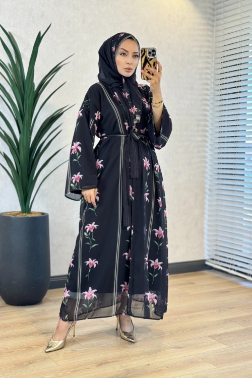 708 Desenli Abaya Siyah Pembe