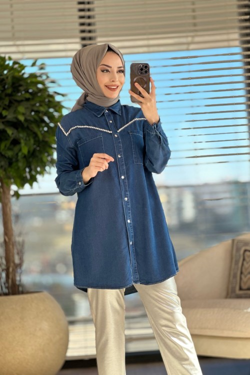 7109 Roba V Taş Detaylı Tencel Tunik Lacivert