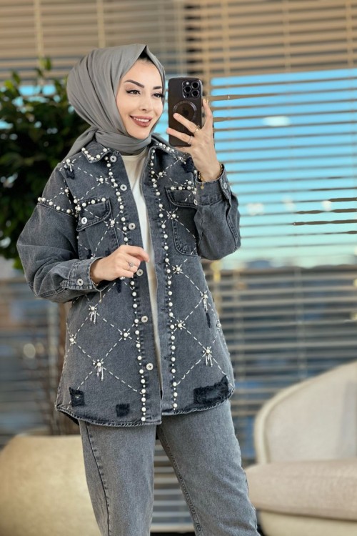 7121 Ön Baklava Taş Ve İnci Detaylı Kot Ceket Antrasit