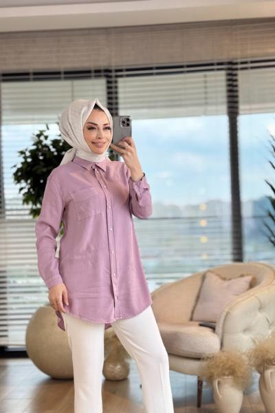 7127  Tencel Yıldız Nakışlı Tunik Pembe