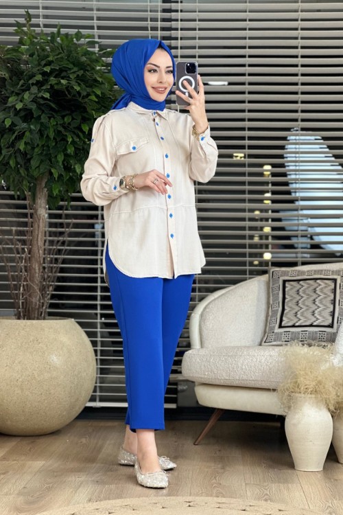 7145 Omuzu Apoletli Tencel Tunik Ekru