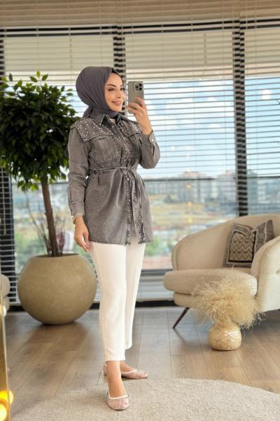 7211 Roba Parça Üstü İnci İşli Kot Ceket Antrasit