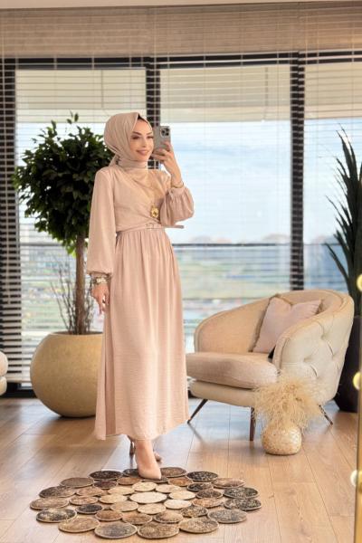 7243 Sol Omuz Pileli Elbise Taş