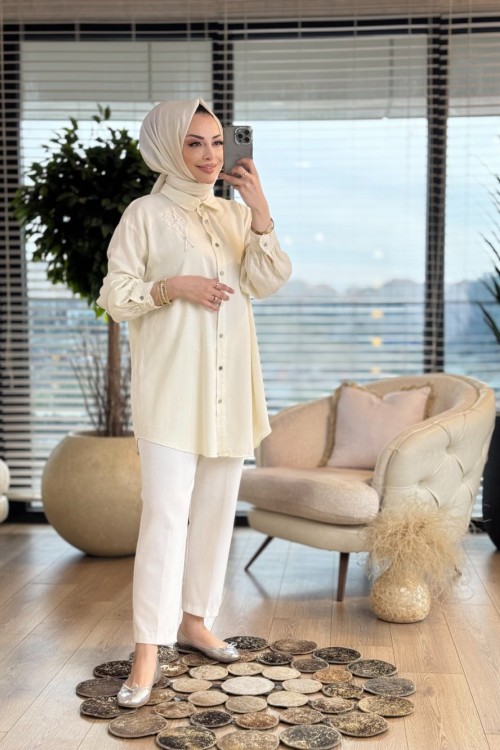 7248 Tencel Sağ Omuz İnci Çiçek İşlemeli Tunik Ekru