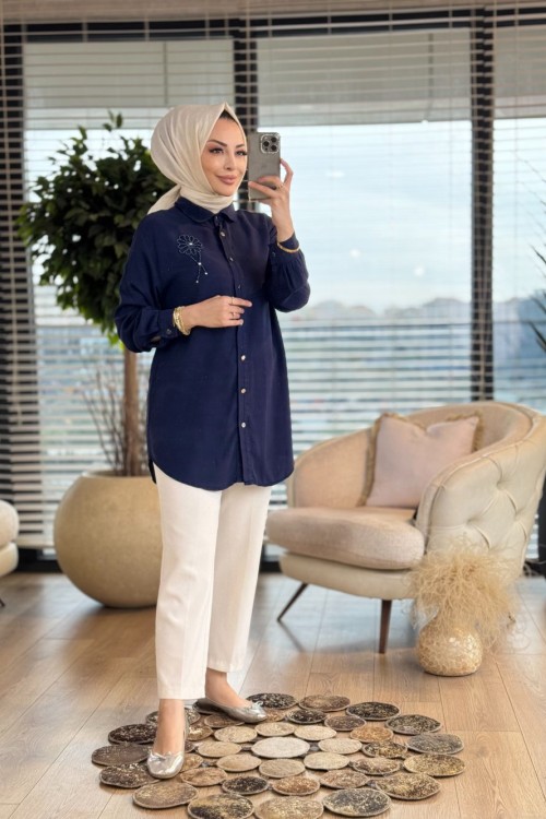 7248 Tencel Sağ Omuz İnci Çiçek İşlemeli Tunik Koyu Lacivert