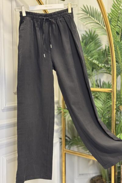 7251 Keten Beli Lastikli Pantolon Siyah
