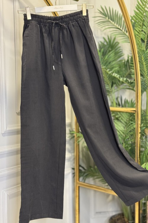 7251 Keten Beli Lastikli Pantolon Siyah
