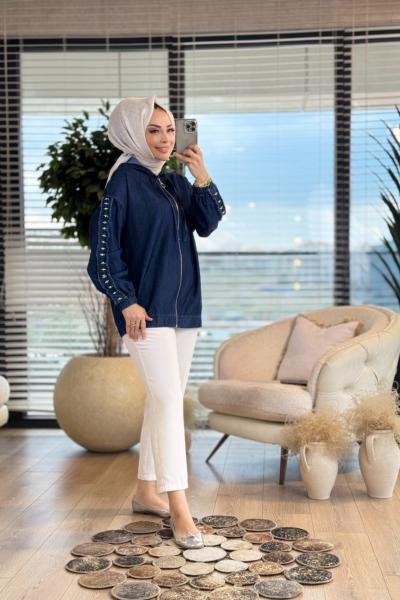 7251 Kot Kolları Taş İşlemeli Kapşonlu Mont Koyu Mavi