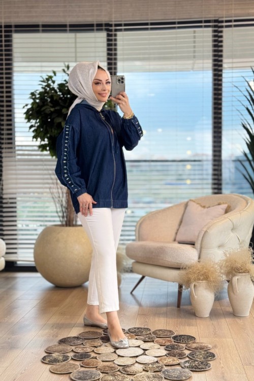 7251 Kot Kolları Taş İşlemeli Kapşonlu Mont Koyu Mavi