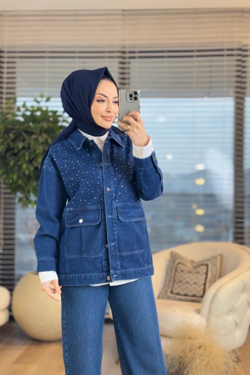 7272 Kot Önü Serpme Taşlı Ve Cepli Ceket Lacivert