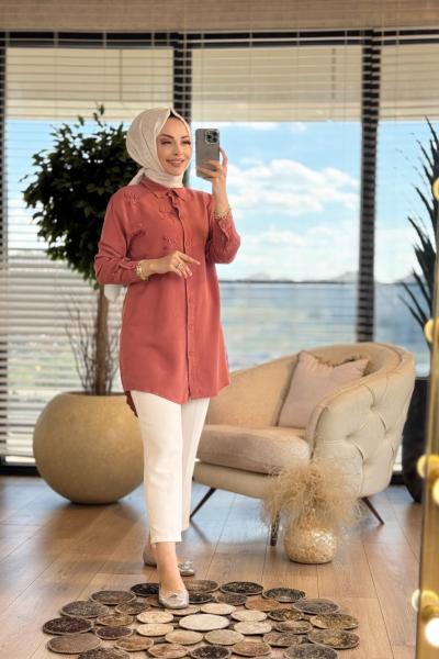 7299 Tencel Sol Göğüs Boncuk Dal İşli Gömlek Kiremit