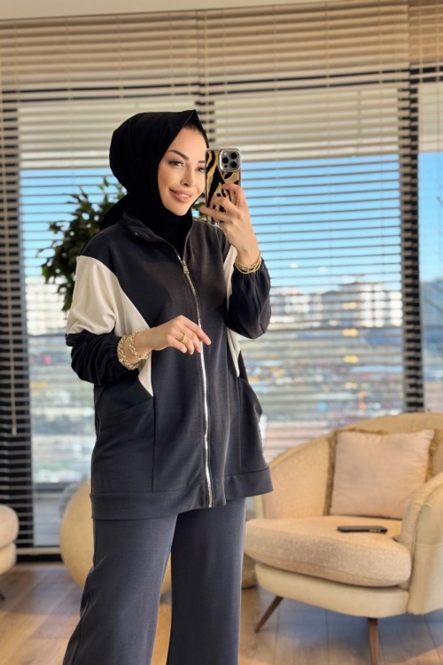 73076 Yanları Cepli Fermuarlı Takım Siyah