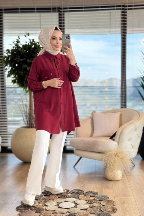 7314 Tencel Cebi Nakışlı Gömlek Bordo