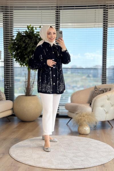7327 Ön Ve Kolu Serpme Taşlı Kot Ceket Siyah