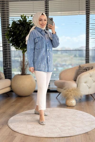 7327 Ön Ve Kolu Serpme Taşlı Kot Ceket Mavi