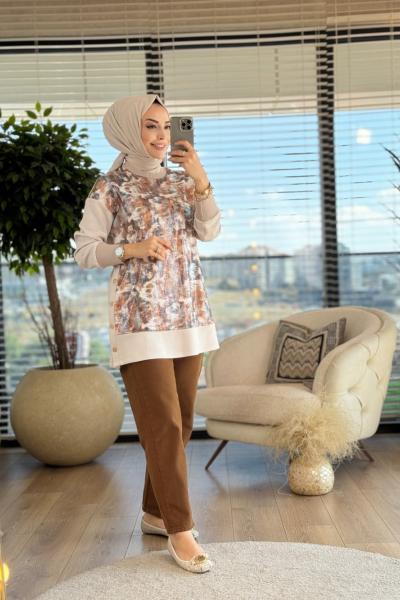 7337 Ön Payetli Yan Düğmeli Tunik Bej