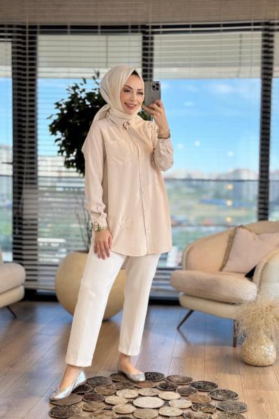 7343 Tencel Üstü Serpme Yıldız Nakışlı Gömlek Ekru