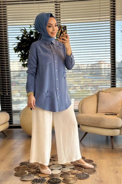 7343 Tencel Üstü Serpme Yıldız Nakışlı Gömlek İndigo