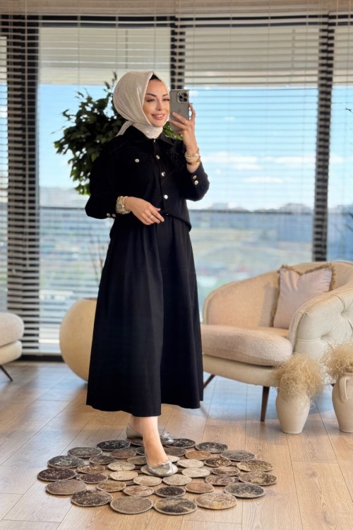 7358 Çiçek Broşlu Etekli Kot Takım Siyah