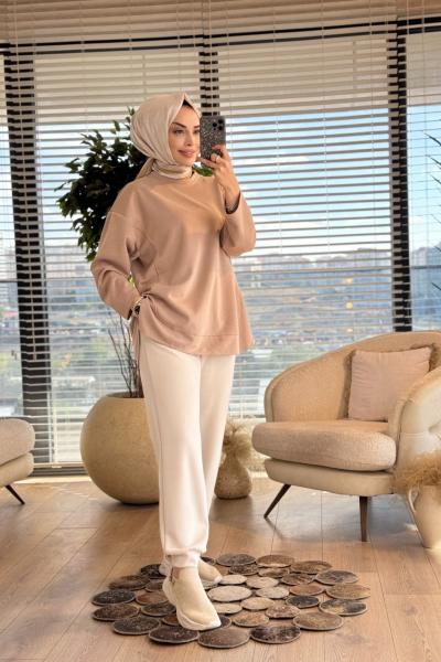 7398 Etek Ucu Parçalı Tunik Bej