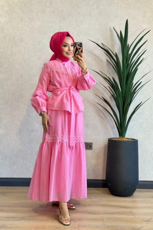 74035 Gofre Fisto Nakışlı Takım Pembe