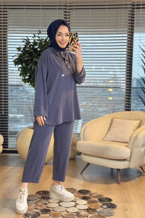 7416 Oysho Kapşonlu Patı Çıtçıtlı Takım Lacivert