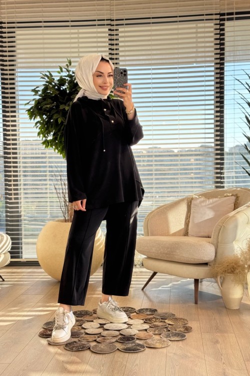 7416 Oysho Kapşonlu Patı Çıtçıtlı Takım Siyah