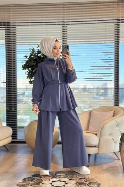 7423 Ön Pile Dikişli Ve Fermuarlı Takım İndigo
