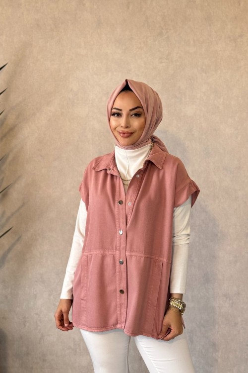 7441 Tencel Ön Dikişli Ve Cepli Yelek Gül