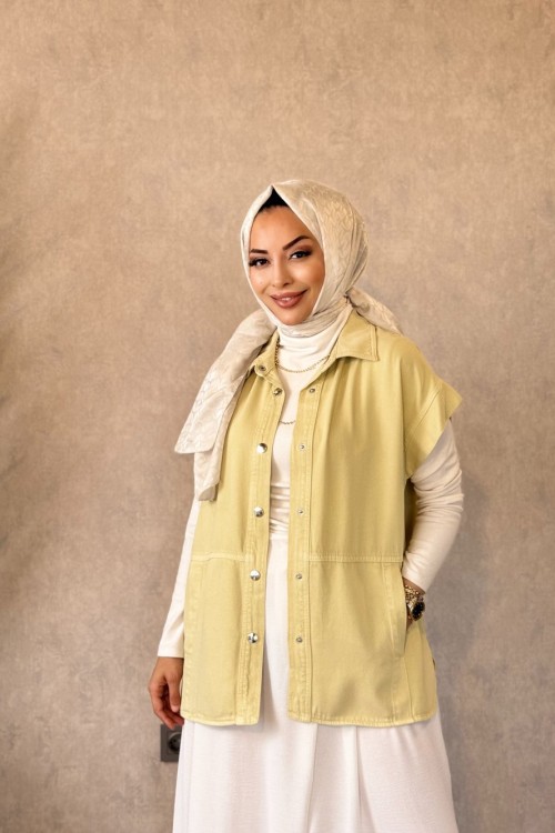 7441 Tencel Ön Dikişli Ve Cepli Yelek Sarı
